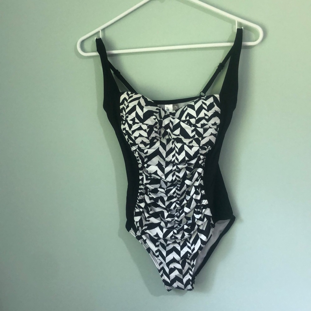 Moontide Black and white ruched one piece swimsuit